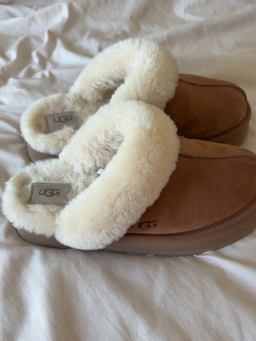 UGG Chestnut Suede Slip-On Slippers with Cream Shearling